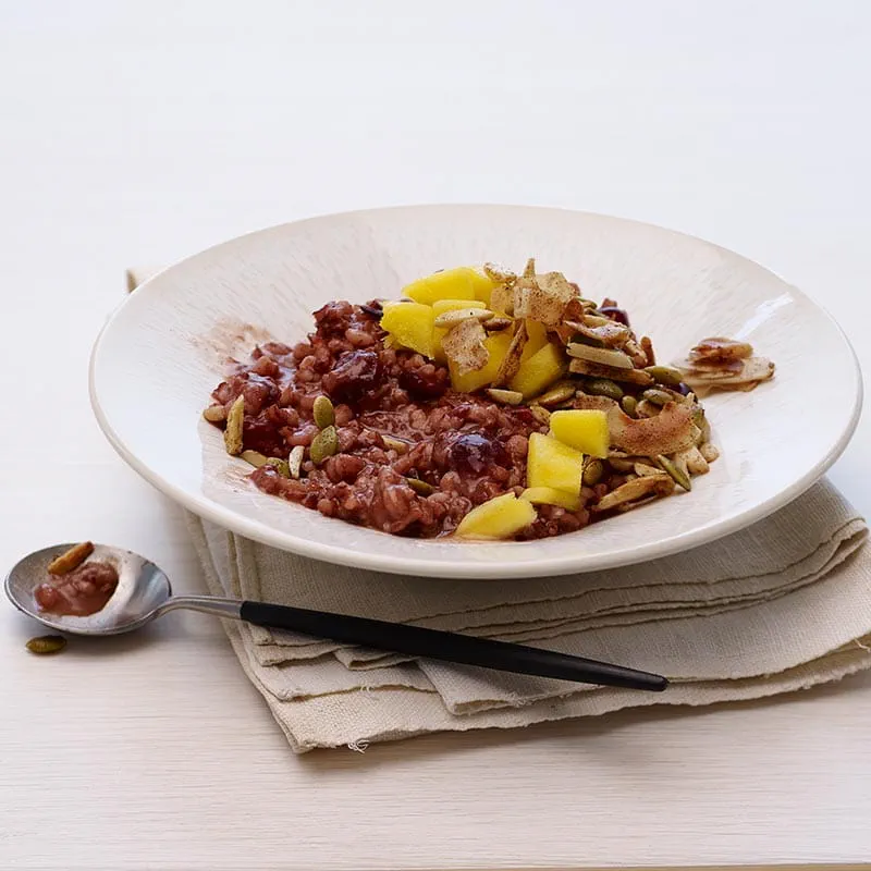 Red Rice and Barley Congee with Mango and Coconut