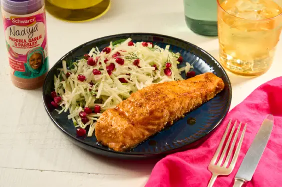 Grilled Salmon, Shredded Fresh Slaw