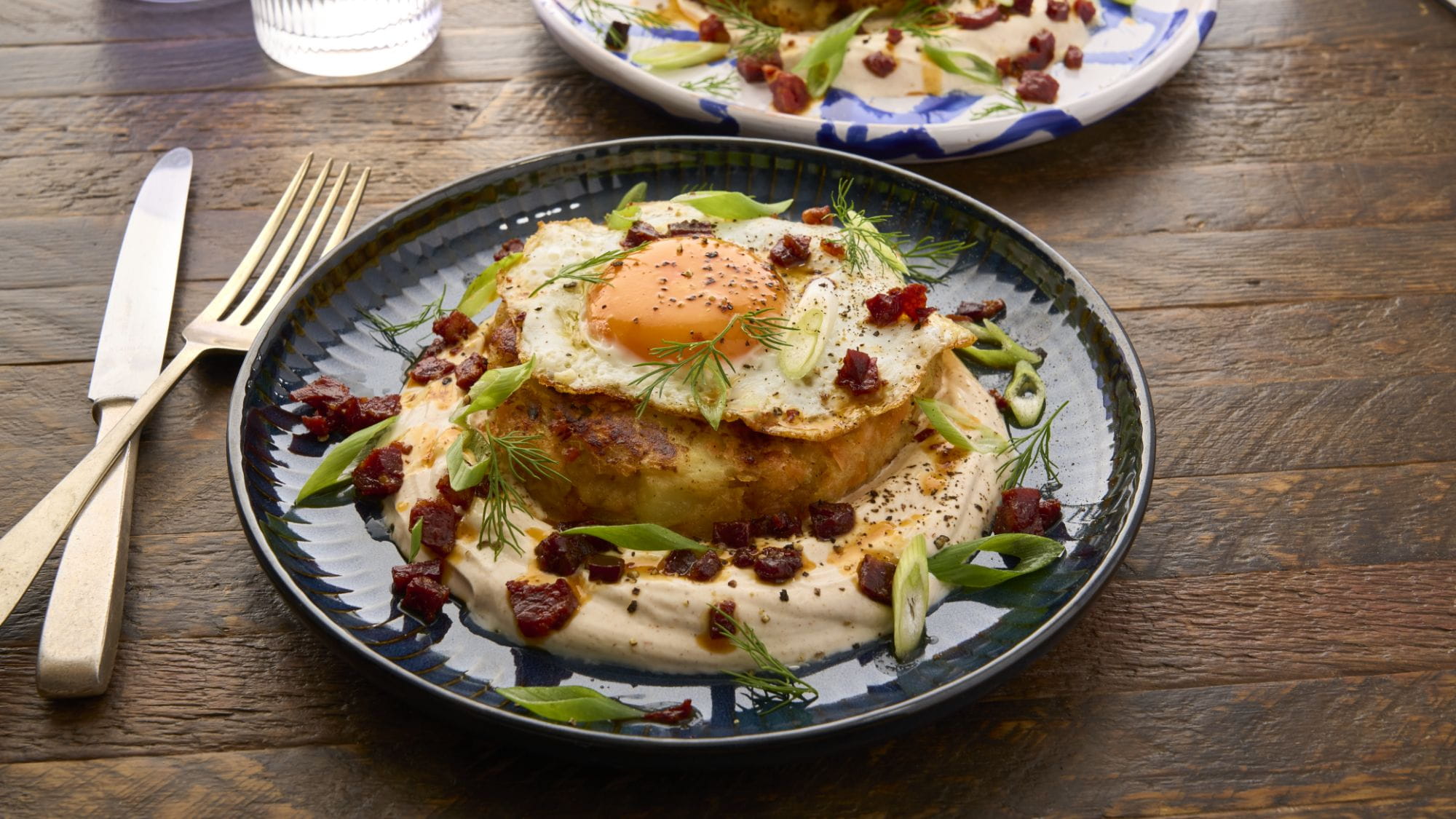 Zingy Old Bay Lemon and Herb crab hash with crispy chorizo and a fried egg