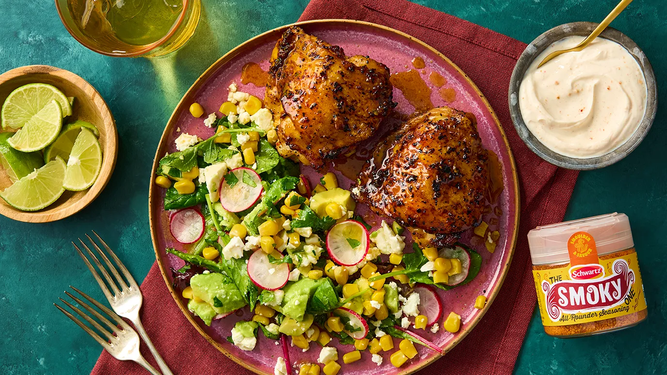 Crispy Chicken Thighs with a Smoky corn & Avo salad