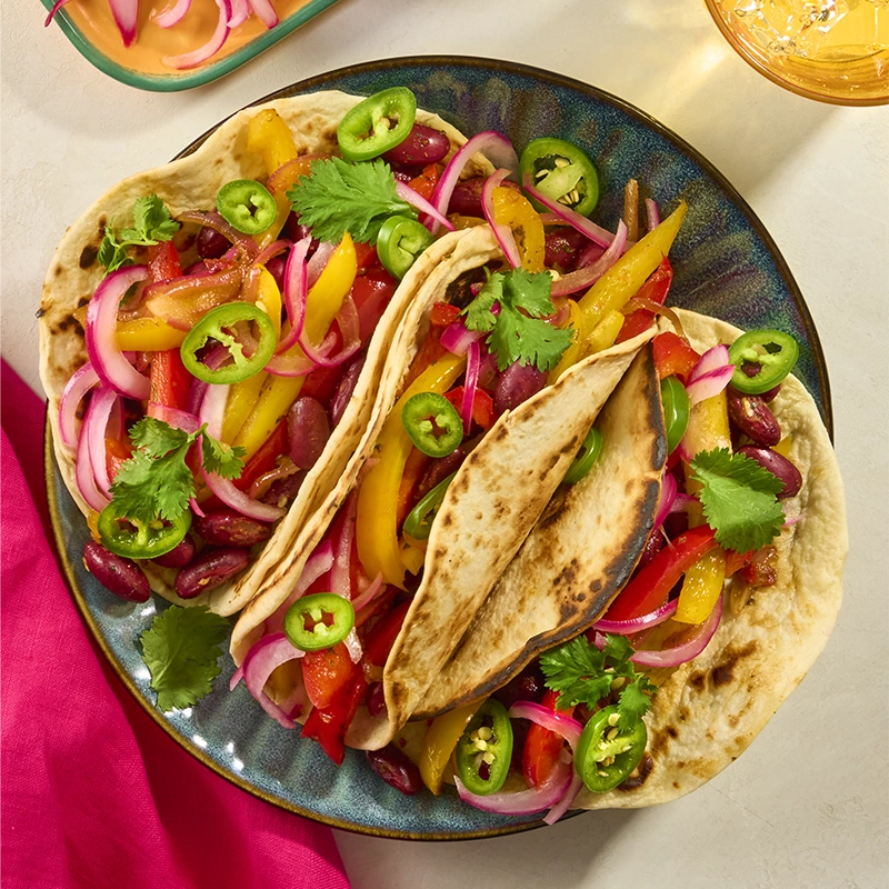 Pepper, Red Onion and Kidney Bean Tacos