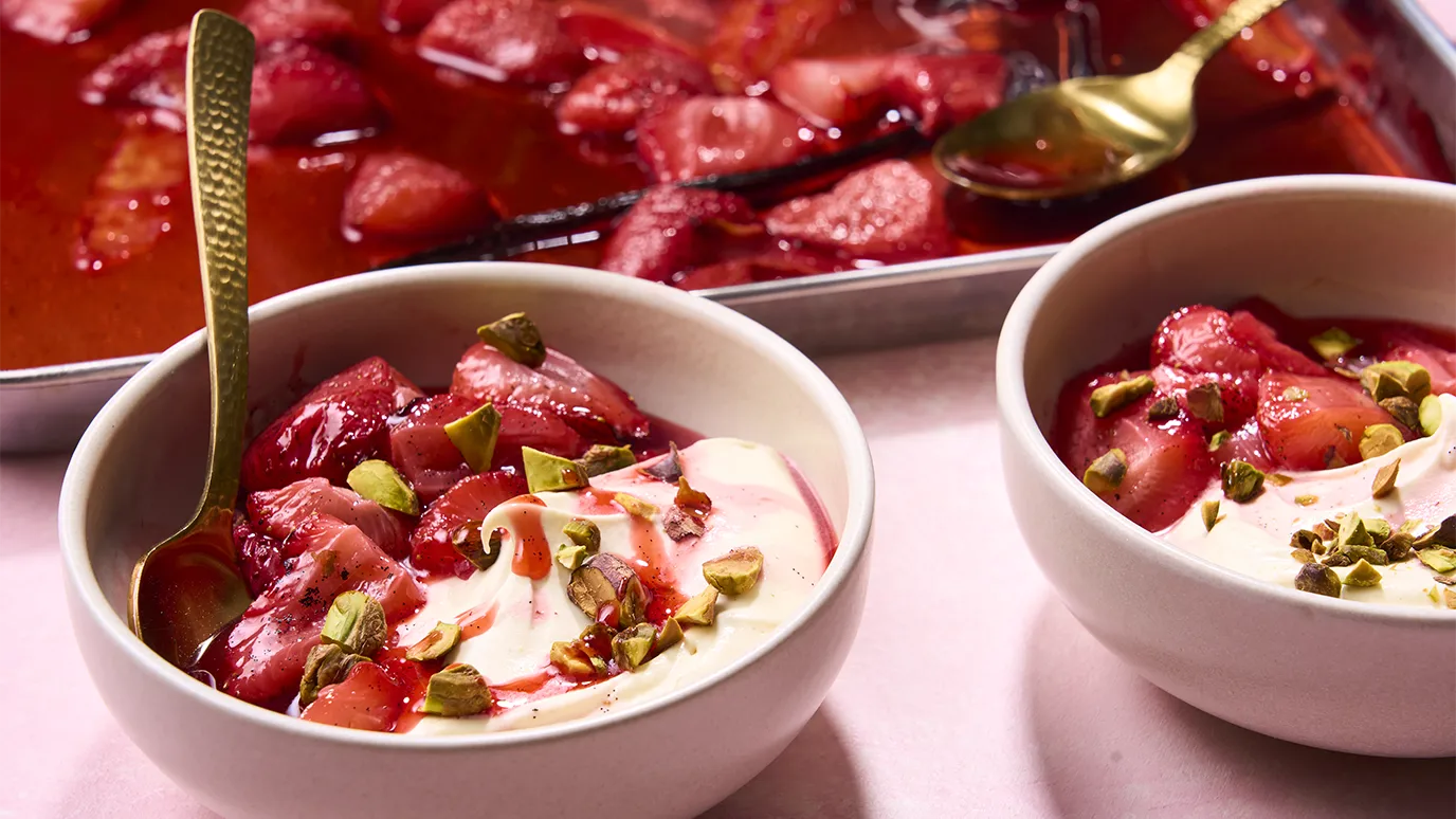 Roasted Strawberries With Ginger Cream & Pistachios Recipe