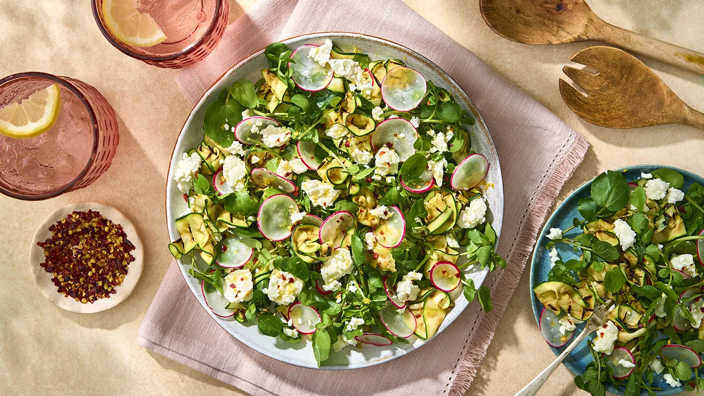 Charred Courgette radish and feta salad