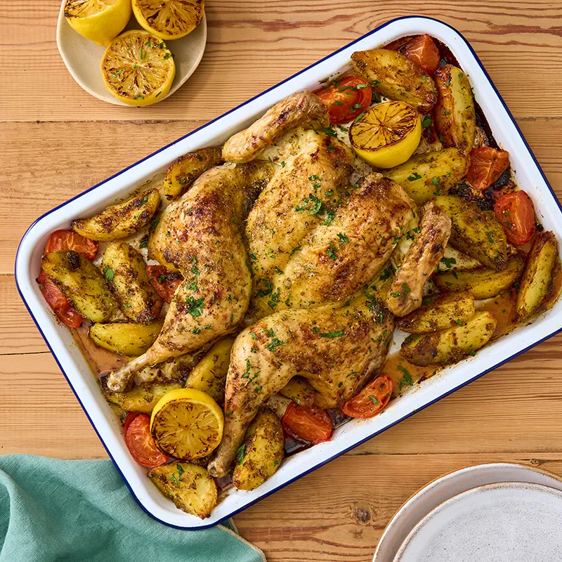 Greek Spatchcock Lemon & Herb Whole Chicken & Potatoes greek_spatchcock_lemon_herb_whole_chicken_1_800x800