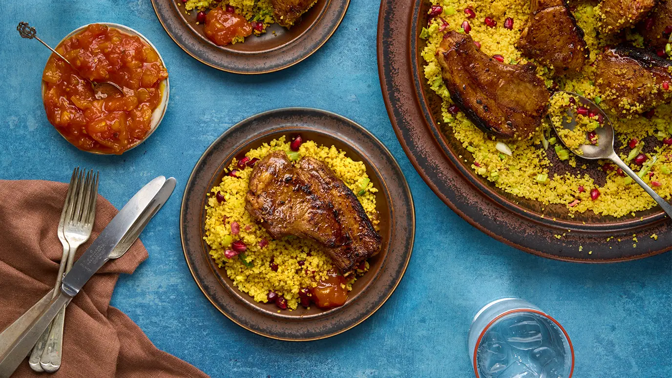 Pan-fried Lamb with Couscous & Tomato & Turmeric Chutney