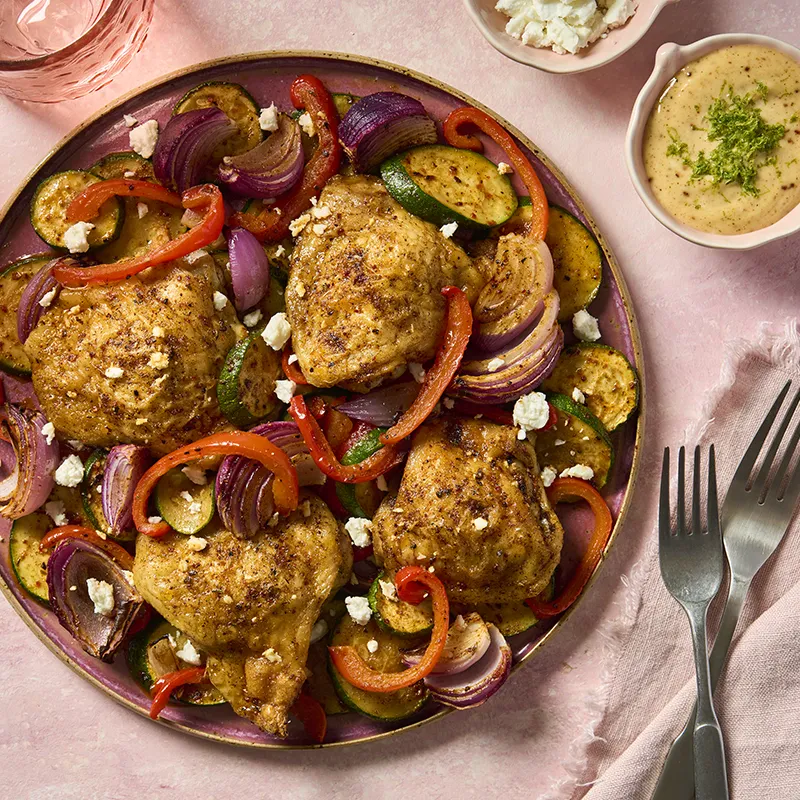 Air-fried Cajun Chicken with roasted veg & feta