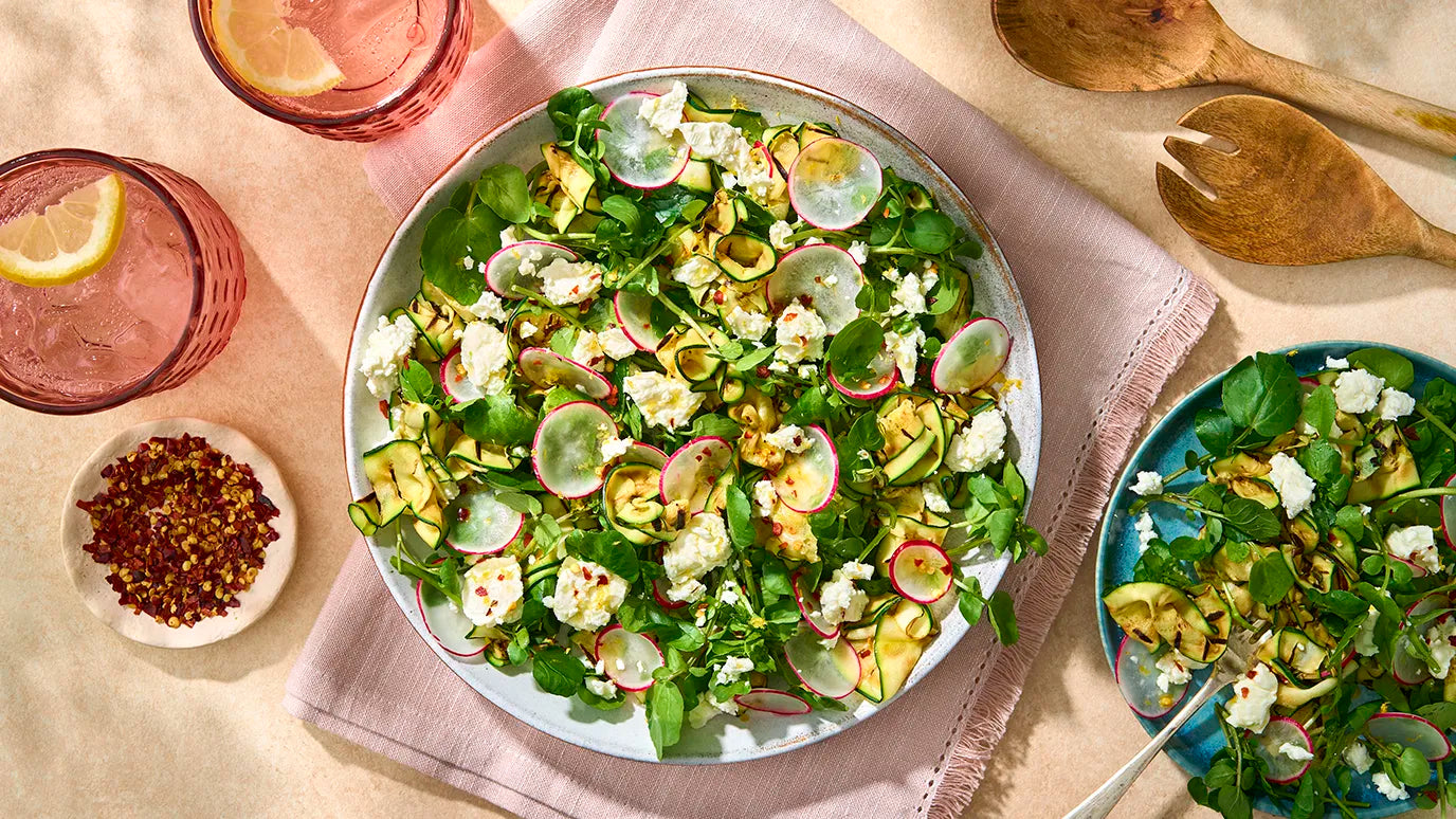 Charred Courgette radish and feta salad