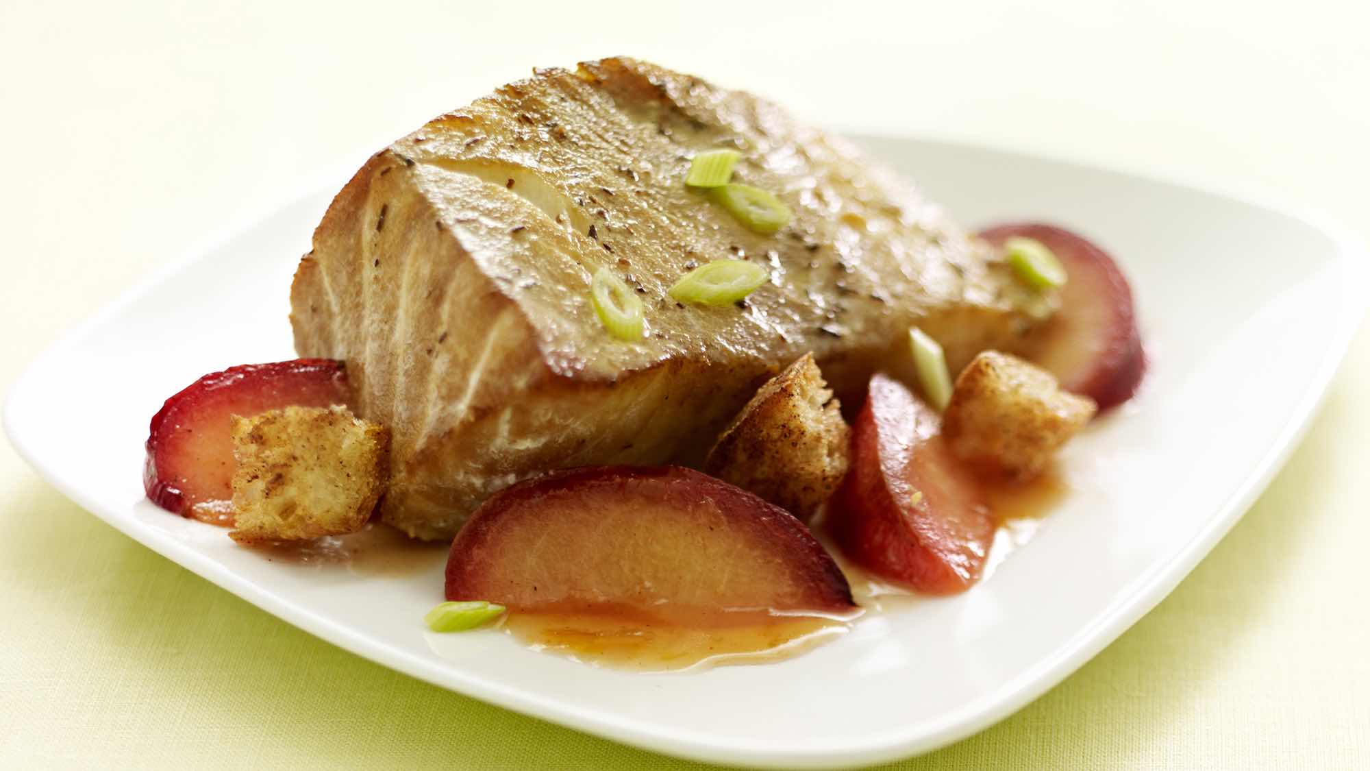 Red Tea Smoked Sea Bass with Cinnamon Caramelized Plums