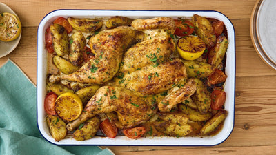 Greek Spatchcock Lemon & Herb Whole Chicken & Potatoes