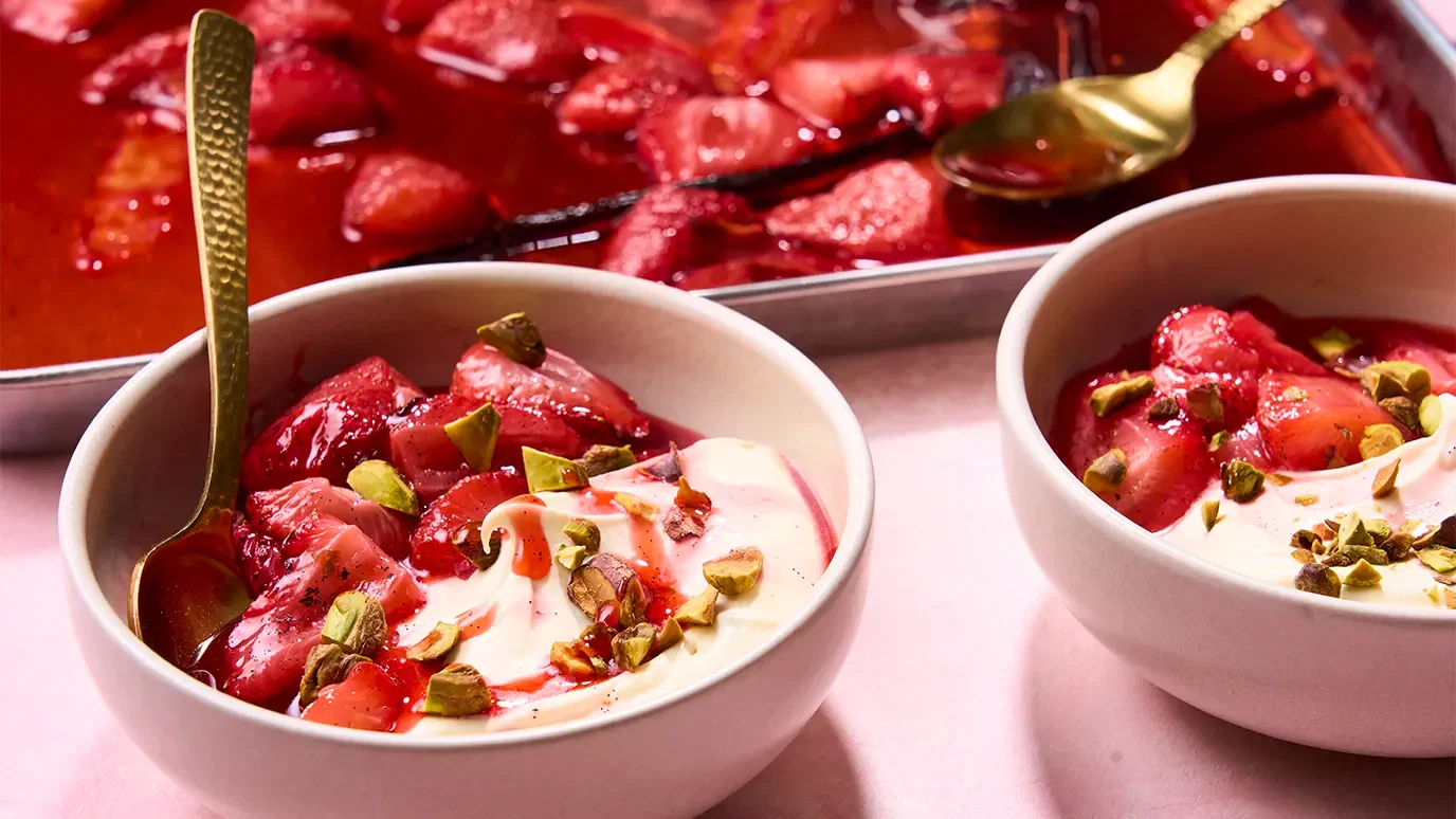 Roasted Strawberries With Ginger Cream & Pistachios Recipe