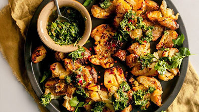 CRISPY SMASHED POTATOES WITH SALSA VERDE STYLE SAUCE