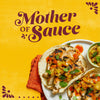 A vibrant graphic featuring the words Mother of Sauce above a plate of grilled chicken tacos drizzled with Cholula Original Mexican Hot Sauce 150Ml and topped with pineapple salsa.