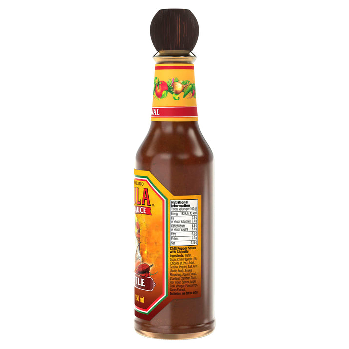A 150 ml bottle of Cholula Hot Sauce Chipotle 6 150Ml featuring a dark brown sauce and a wooden cap with nutritional information and ingredients visible on the side label.