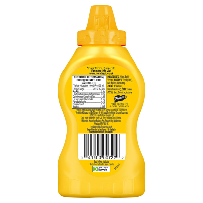 The back of a bottle of French'S American Classic Yellow Squeezy Mustard 226G, Imported From Britain, displays the nutritional information, ingredients, and McCormick company details.