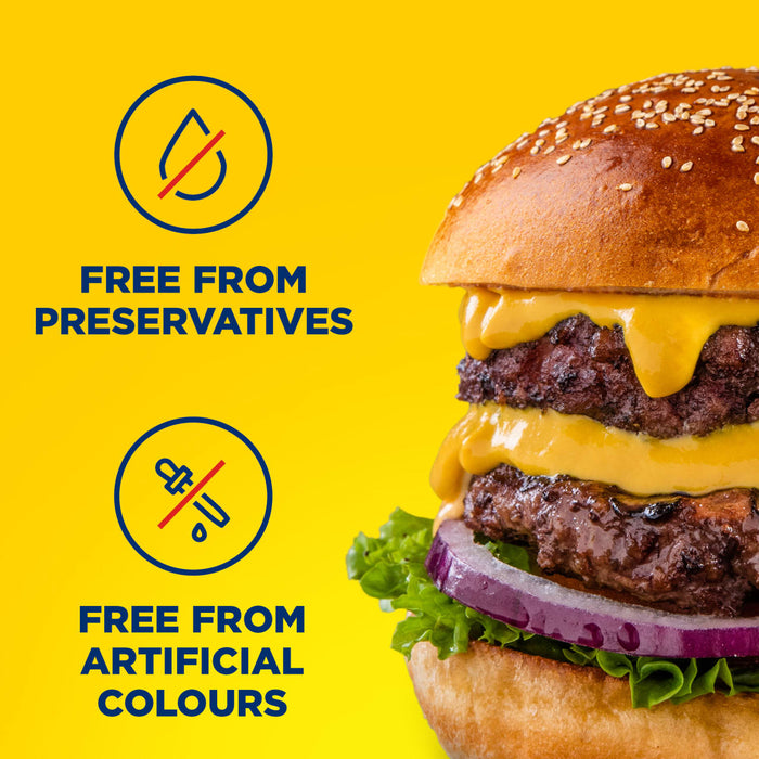 An infographic for Global Visionary Template Uk featuring a double cheeseburger with icons and text stating the product is free from preservatives and artificial colours.