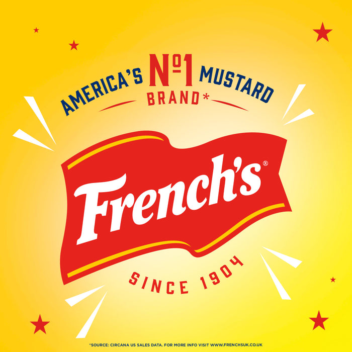 A promotional graphic for Frenchs America No 1 Mustard Brand since 1904 featuring the Global Visionary Template Uk on a bright yellow background with red stars.