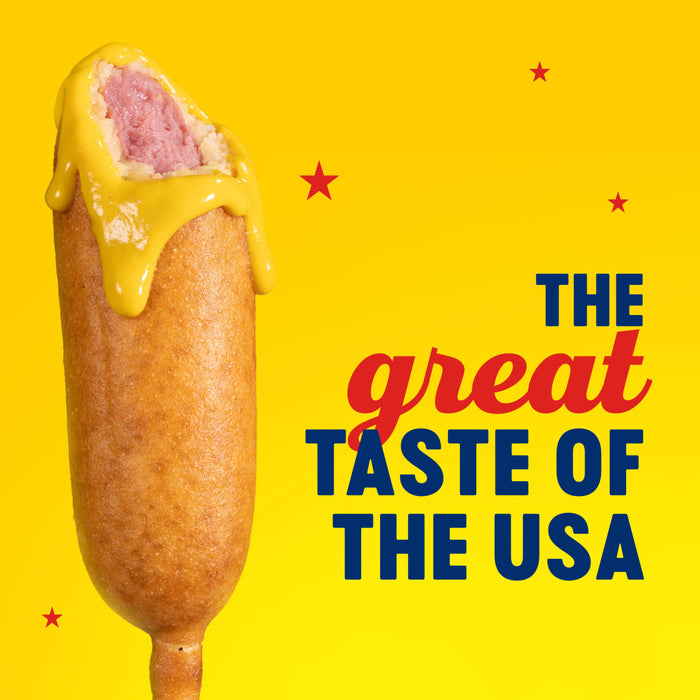 A corn dog with a bite taken out of it and yellow mustard dripping down the side is featured in this Global Visionary Template Uk advertisement for the great taste of the USA.