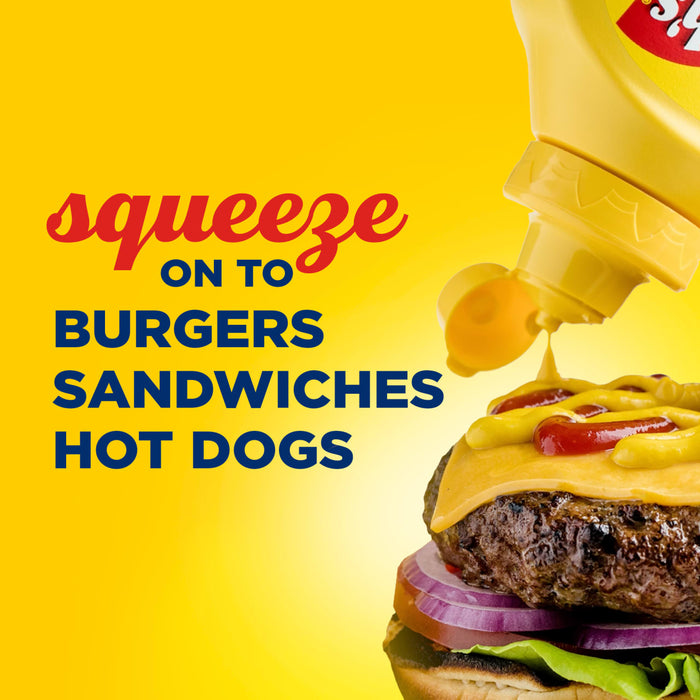 A bottle of Frenchs mustard is being squeezed onto a cheeseburger as part of the Global Visionary Template Uk promotional graphic.