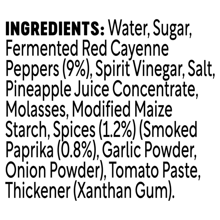 A detailed ingredient list for Frank S Redhot Franks Squeeze Tangy Bbq 354 Ml featuring water, sugar, fermented red cayenne peppers, and spirit vinegar.