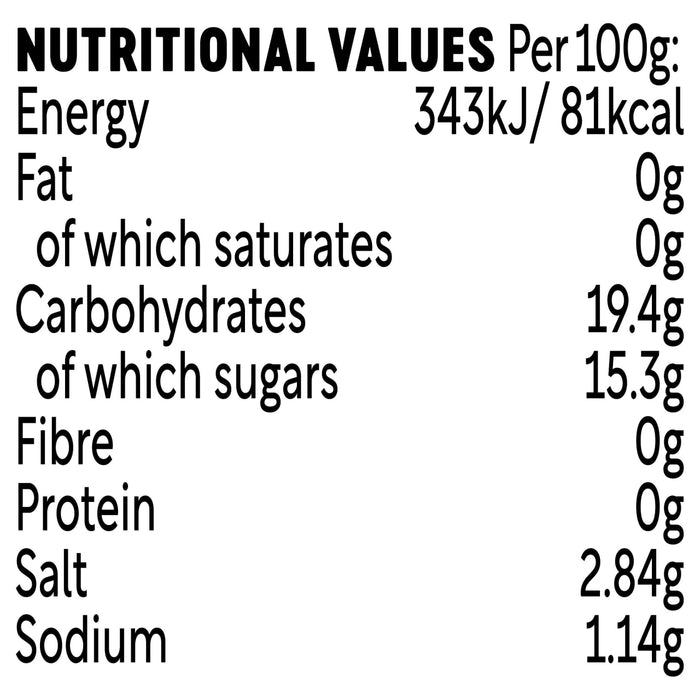 An infographic displays the nutritional values per 100g for Frank S Squeeze Sticky Sweet 354 Ml including 81 calories and 15.3 grams of sugar.