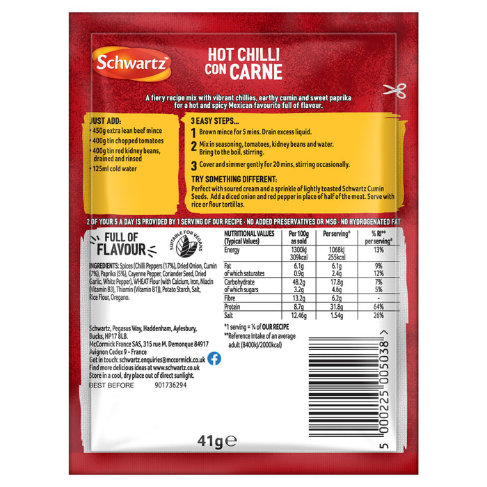 Back of a Schwartz Hot Chilli Con Carne recipe mix packet providing consumers with preparation steps, ingredients, and nutritional values.