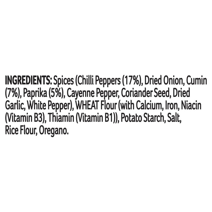 The ingredients list for the Schwartz Hot Chilli Con Carne Recipe Mix 41G is shown in black text on a white background.