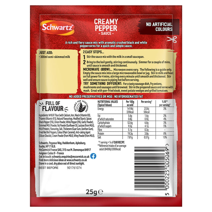 The back of a red packet of Schwartz Creamy Pepper Sauce Mix 25G, showing the nutritional information, ingredients, and cooking instructions.