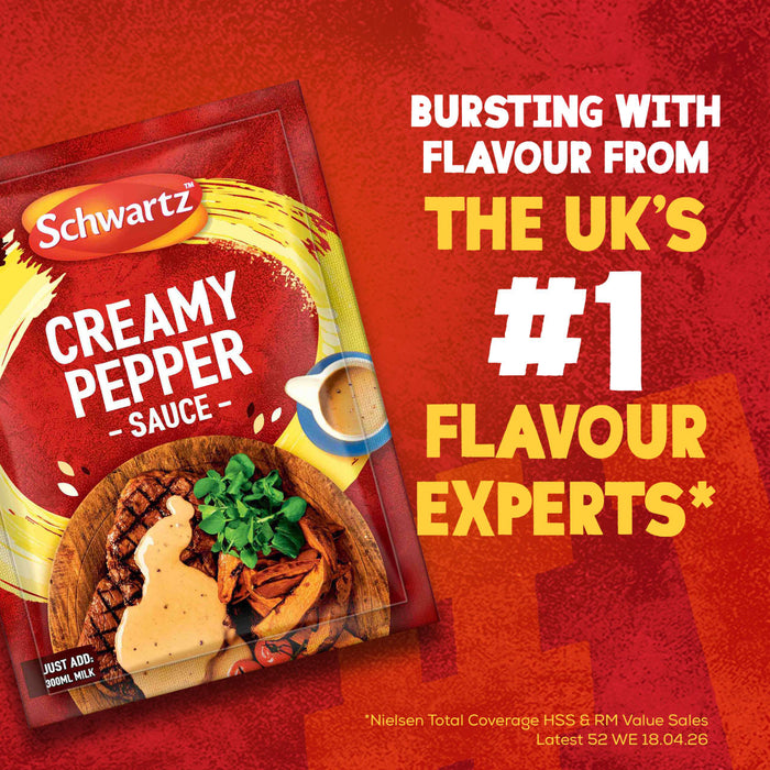 An advertisement for Schwartz Creamy Pepper Sauce Mix 25G shows the packet next to a steak dinner and text that reads, Bursting with flavour from the UKs number 1 Flavour Experts.