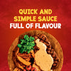 A delicious steak dinner with roasted potatoes and greens is generously topped with a sauce made from Schwartz Creamy Pepper Sauce Mix 25G.