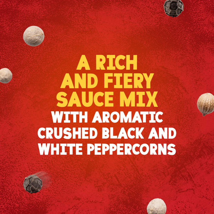 Black and white peppercorns float around text describing the rich and fiery flavor of Schwartz Creamy Pepper Sauce Mix 25G against a textured red background.