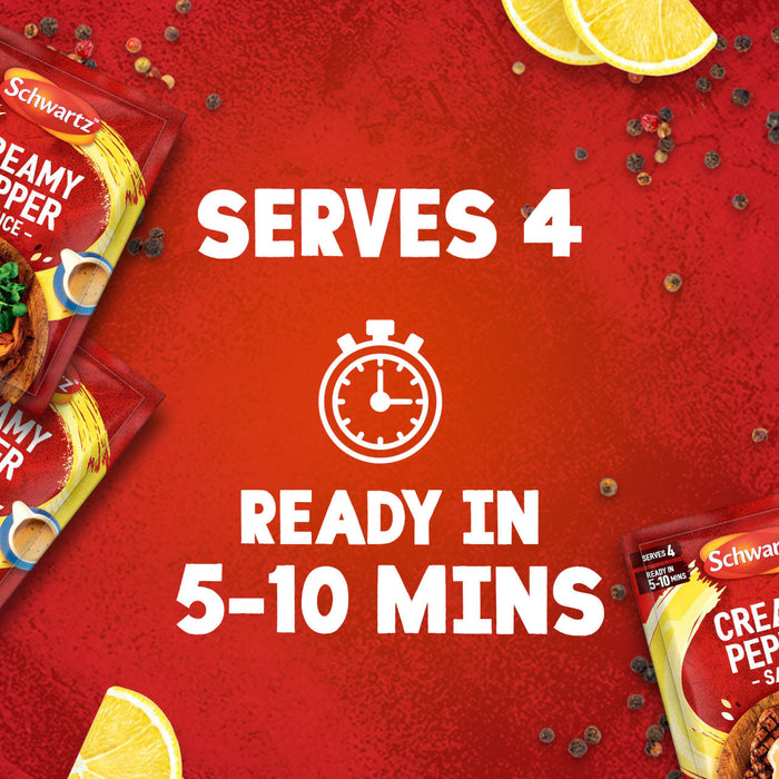 A promotional image for Schwartz Creamy Pepper Sauce Mix 25G shows several packets on a red background with peppercorns, emphasizing that the sauce serves 4 and is ready in 5-10 minutes.