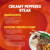 An infographic recipe card for creamy peppered steak, which lists the ingredients and instructions, including a packet of Schwartz Creamy Pepper Sauce Mix 25G, next to a photo of the finished dish.