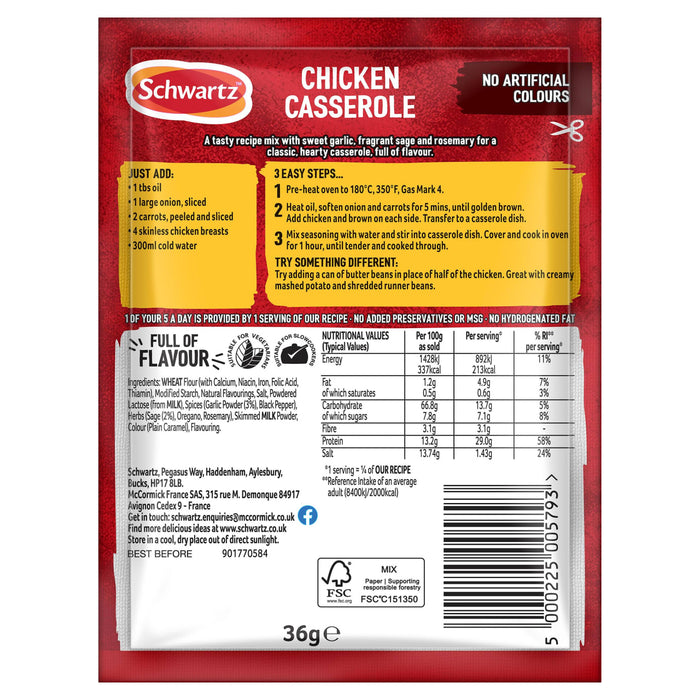 The back of a packet of Schwartz Chicken Casserole Recipe Mix 36G, showing the ingredients, nutritional information, and 3-step cooking instructions.