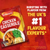 A promotional image displays a packet of Schwartz Chicken Casserole Recipe Mix 36G against a red background with text proclaiming, Bursting with flavour from the UK's #1 flavour experts.