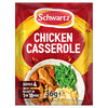 A packet of Schwartz Chicken Casserole Recipe Mix 36G featuring a prepared meal of chicken and vegetables on a red and yellow background.