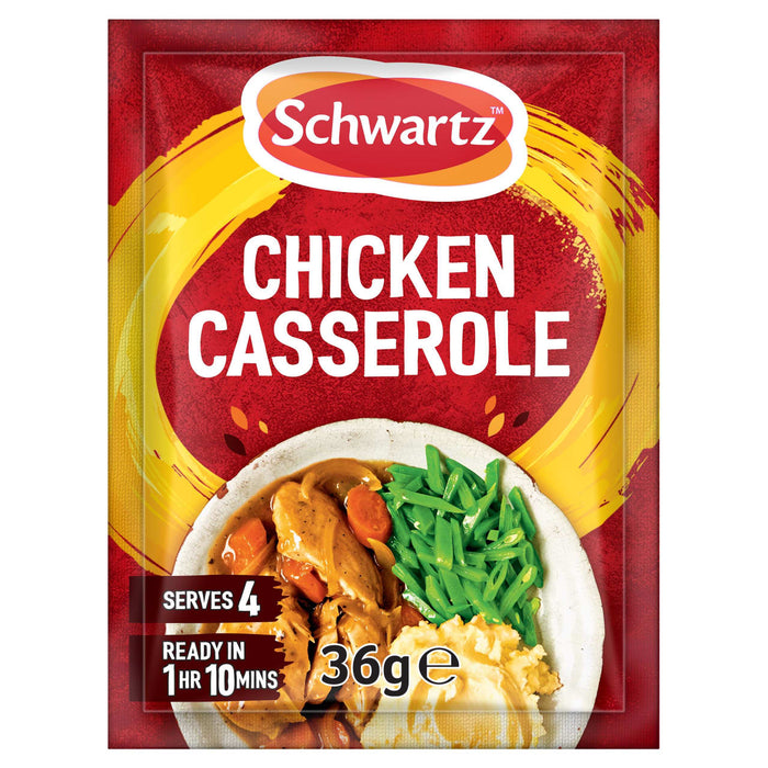 A packet of Schwartz Chicken Casserole Recipe Mix 36G featuring a prepared meal of chicken and vegetables on a red and yellow background.