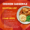 An infographic displays a shopping list and 3 easy steps for making a delicious meal with the Schwartz Chicken Casserole Recipe Mix 36G, next to a plated photo of the finished dish.