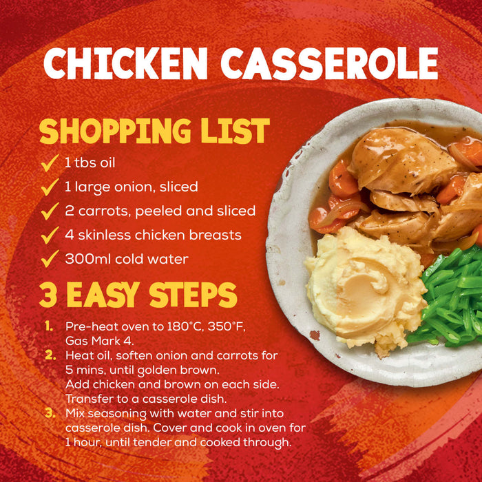 An infographic displays a shopping list and 3 easy steps for making a delicious meal with the Schwartz Chicken Casserole Recipe Mix 36G, next to a plated photo of the finished dish.