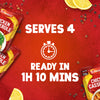 A promotional image for Schwartz Chicken Casserole Recipe Mix 36G highlights that the meal serves 4 and is ready in 1 hour and 10 minutes.