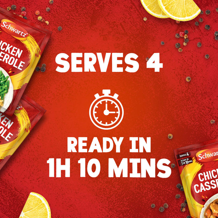 A promotional image for Schwartz Chicken Casserole Recipe Mix 36G highlights that the meal serves 4 and is ready in 1 hour and 10 minutes.
