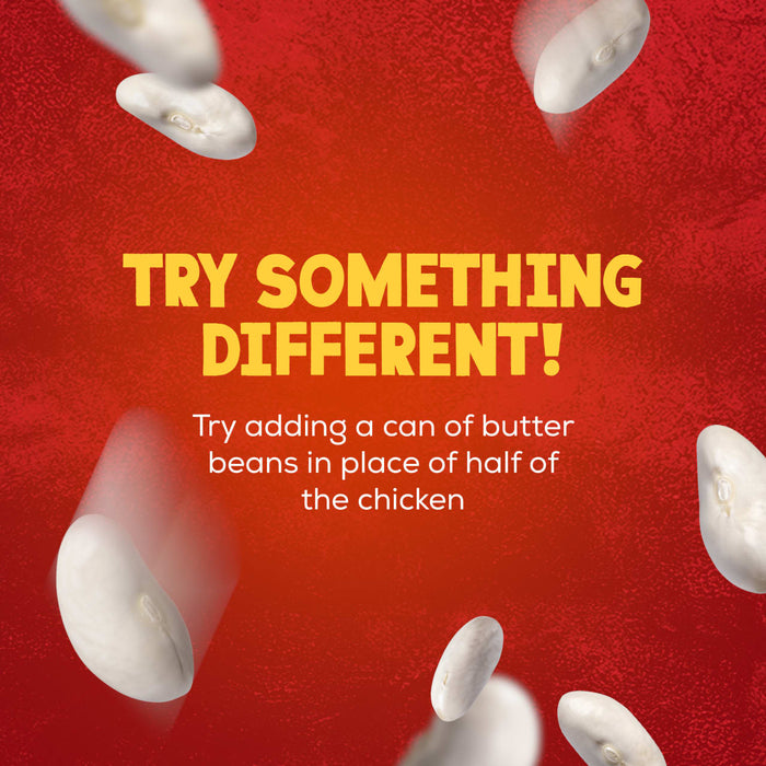 A helpful tip for a recipe using Schwartz Chicken Casserole Recipe Mix 36G suggests replacing half the chicken with butter beans, which are shown falling against a red background.