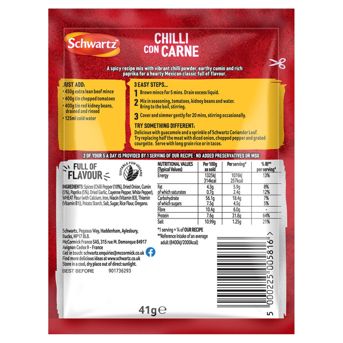Back of a Schwartz Chilli Con Carne recipe mix packet displaying preparation steps, ingredients, and nutritional information.