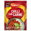 A red packet of Schwartz Chilli Con Carne Recipe Mix 41G is displayed above a serving suggestion of the finished dish in a bowl with rice and guacamole.