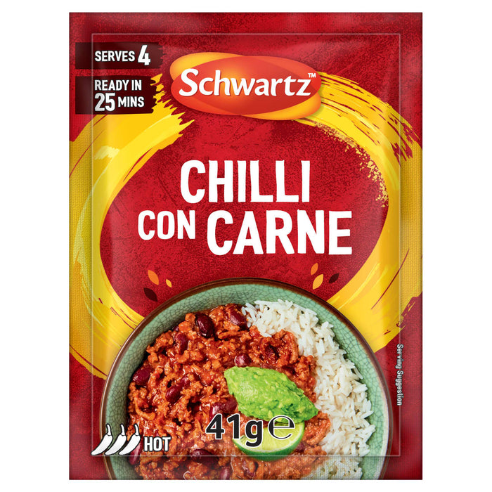 A red packet of Schwartz Chilli Con Carne Recipe Mix 41G is displayed above a serving suggestion of the finished dish in a bowl with rice and guacamole.