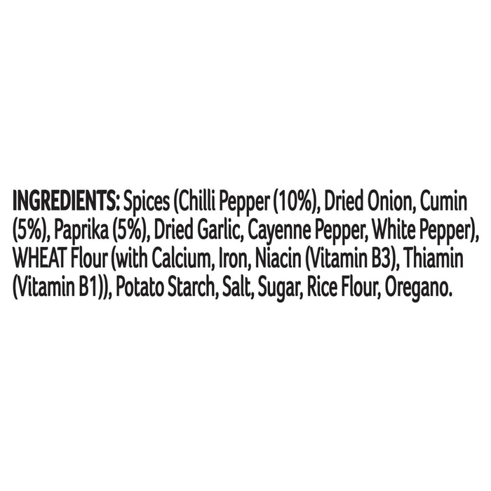 The ingredients list for the Schwartz Chilli Con Carne Recipe Mix 41G is displayed, detailing components such as spices, wheat flour, potato starch, and oregano.