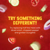 A promotional image for Schwartz Chilli Con Carne Recipe Mix 41G suggests trying something different by replacing half the meat with diced onion, chopped pepper, and grated courgette, with the vegetables shown flying across a red background.