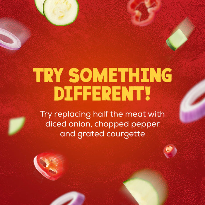 A promotional image for Schwartz Chilli Con Carne Recipe Mix 41G suggests trying something different by replacing half the meat with diced onion, chopped pepper, and grated courgette, with the vegetables shown flying across a red background.