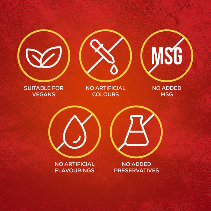An infographic highlights the features of the Schwartz Lasagne Recipe Mix 36G, showing it is suitable for vegans and contains no artificial colours, added MSG, artificial flavourings, or added preservatives.