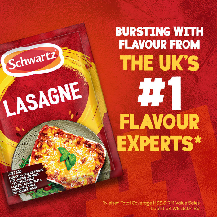 A packet of Schwartz Lasagne Recipe Mix 36G is displayed next to a delicious-looking serving of lasagne in an advertisement that proclaims Schwartz as the UK's #1 flavour experts.