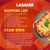 An infographic recipe card for making lasagne using Schwartz Lasagne Recipe Mix 36G, showing a shopping list, 3 easy steps, and a photo of the finished dish.